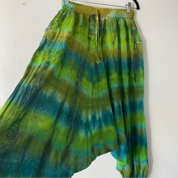 NWT• Made in Nepal Harem Pants Green Tie Dye Boho Festival Cotton Crinkle Genie - Picture 4 of 10